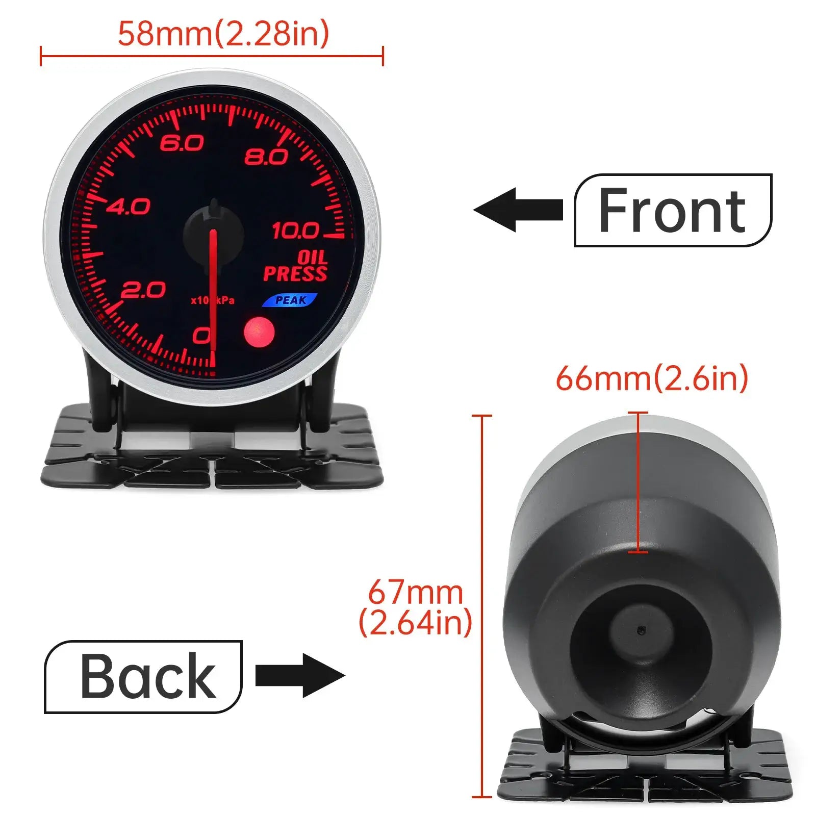 Front view of a universal 58mm red-backlit oil pressure and temperature tachometer gauge for cars