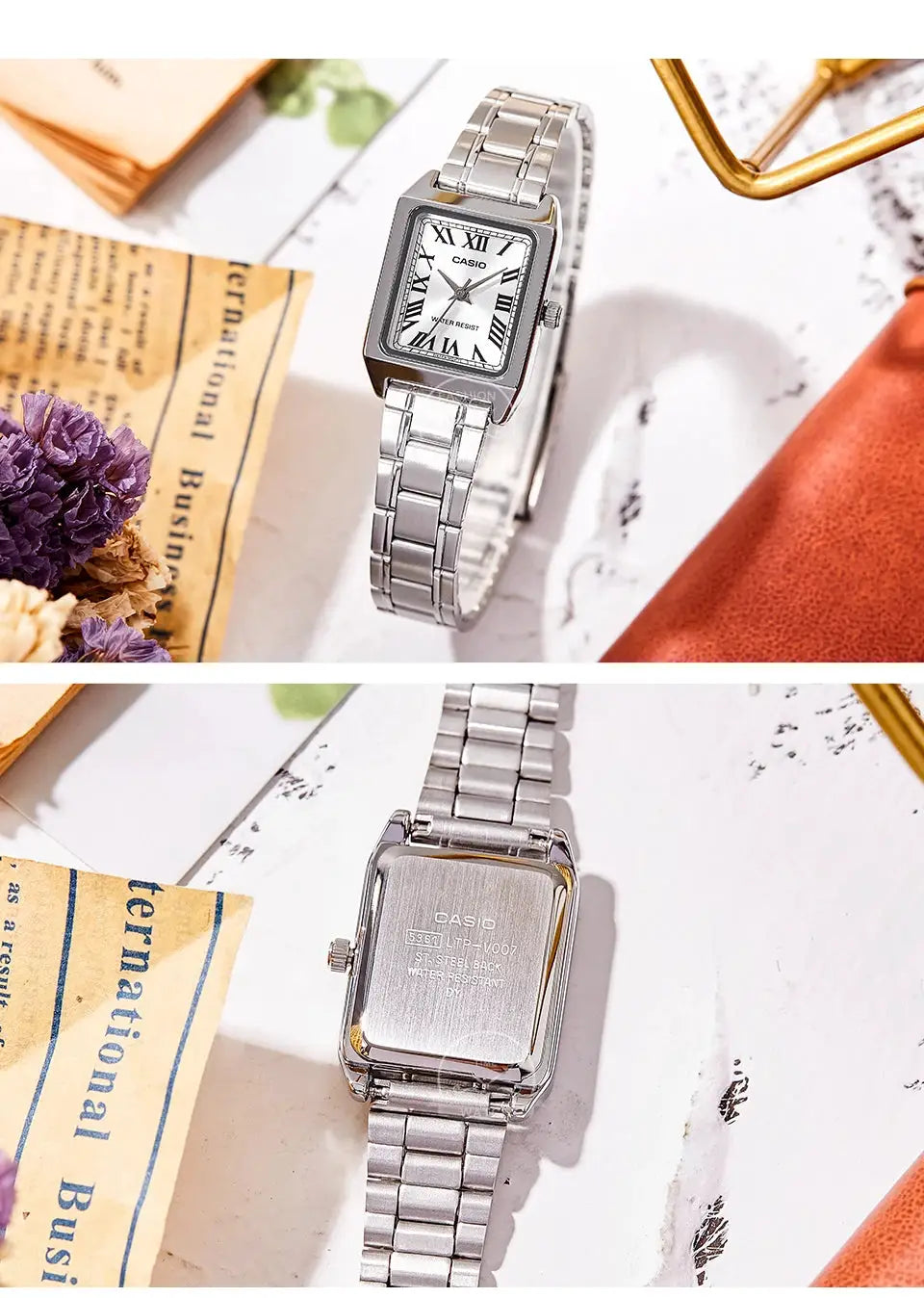 Casio women's stainless steel quartz watch with Roman numeral dial in a silver tonneau-shaped case.