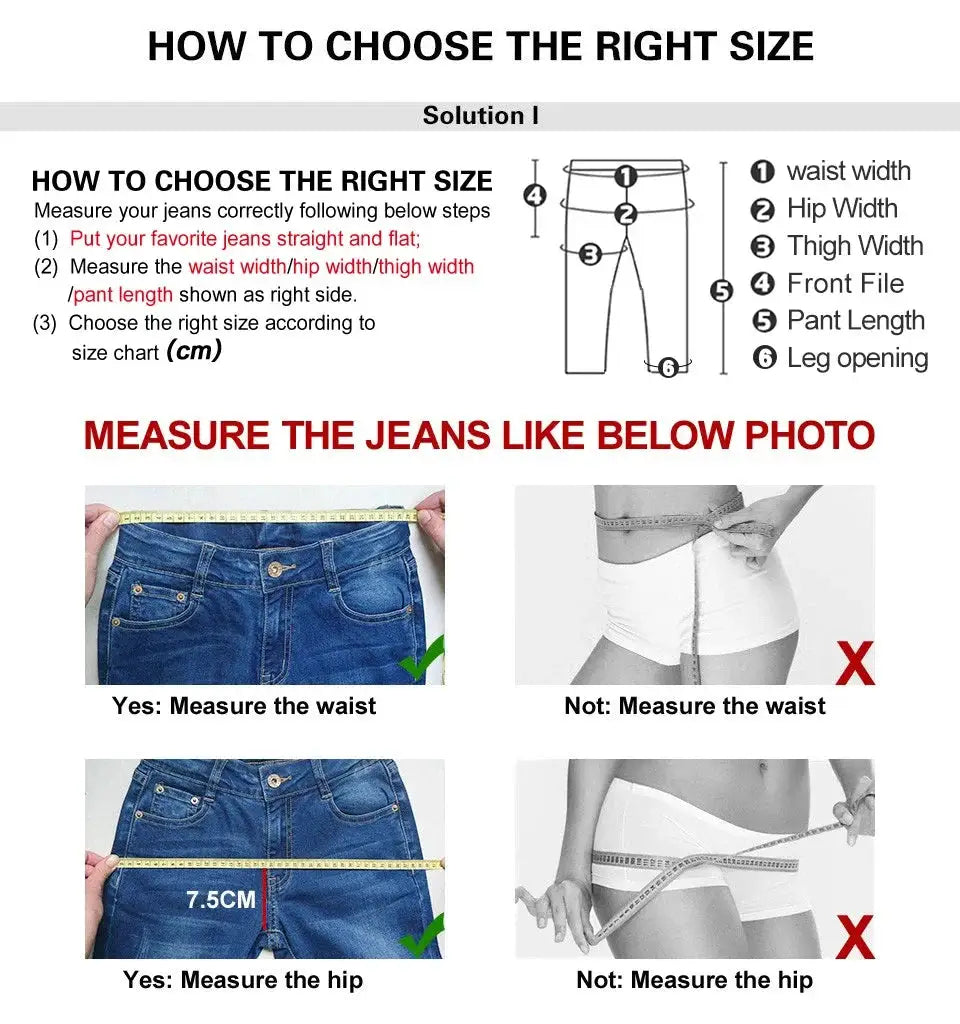Men's jeans size guide by Simples Market showing waist and hip measurements.