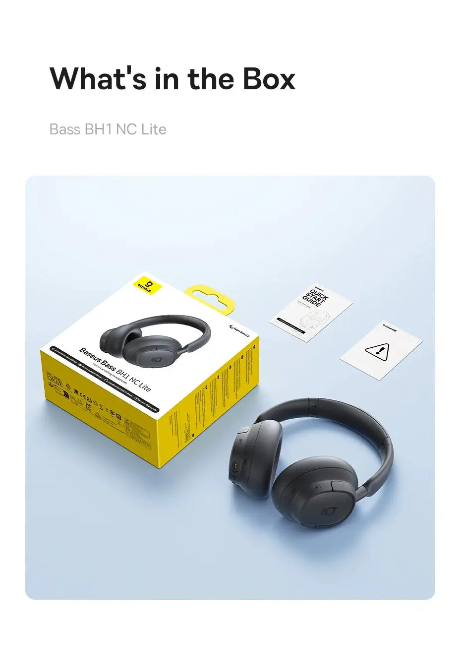 Baseus Bass EH10 NC wireless over-ear headphones in black with yellow box