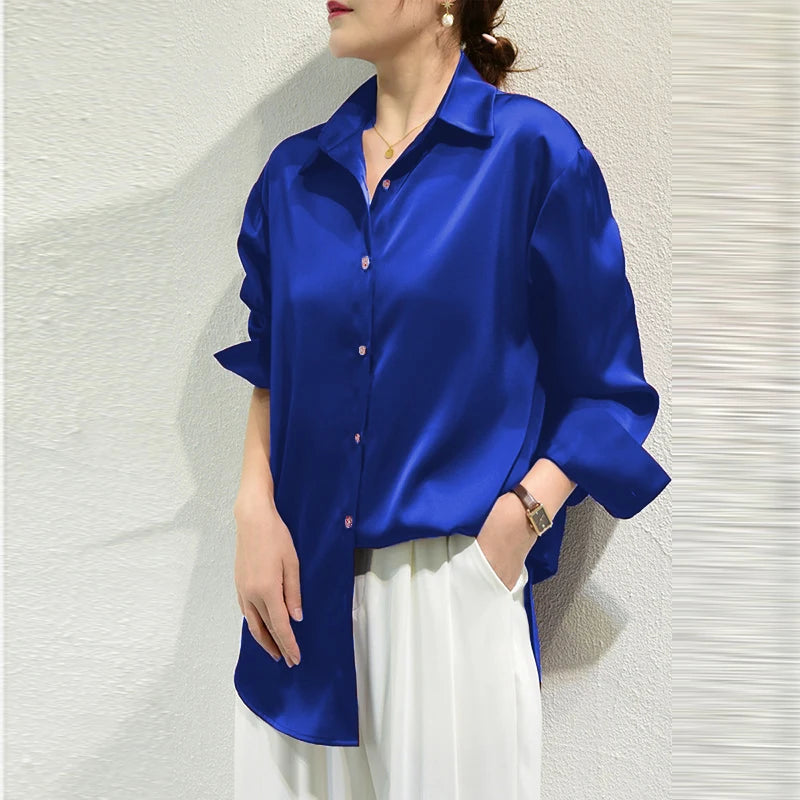 All Match Satin Finish Blouse For Women Turn Down Collar Three Quarter Sleeves Office And Casual Wear