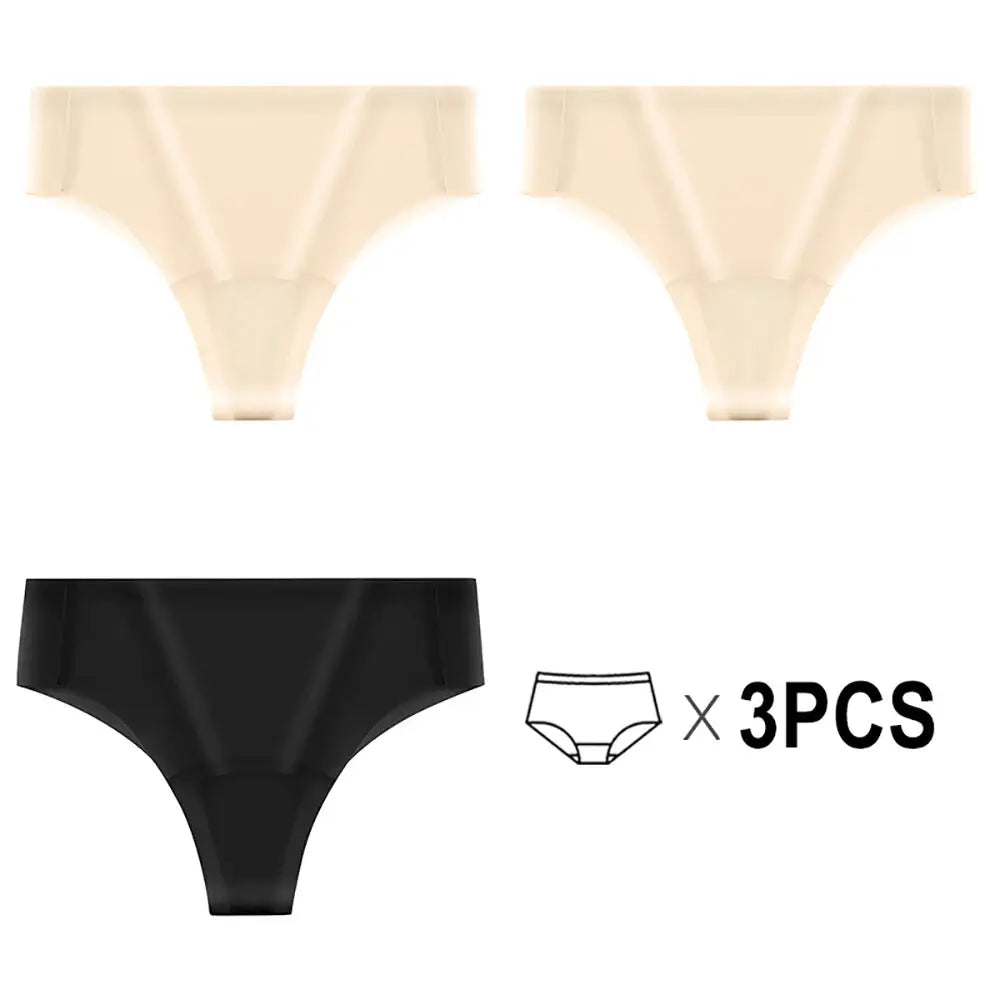 3-pack seamless thong underwear in nude and black; anti-cameltoe design for gym leggings