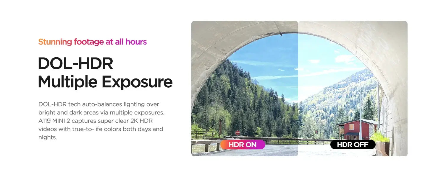 Dash cam HDR banner by Simples Market illustrating DOL-HDR multiple exposure with HDR on/off over mountain tunnel scene