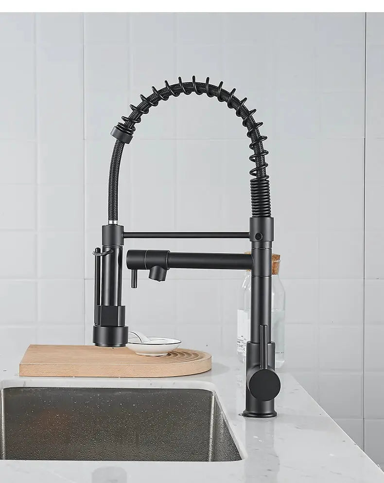 Simples Market kitchen faucet with pull-down sprayer, black finish, single-handle, high-arc spring neck.