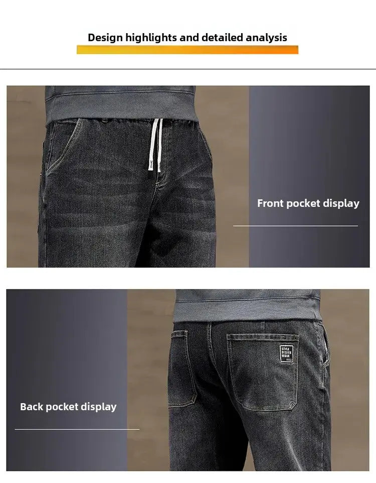 Men's extra-large denim jeans by Simples Market with high-elastic waist, white drawstring, baggy loose fit, black