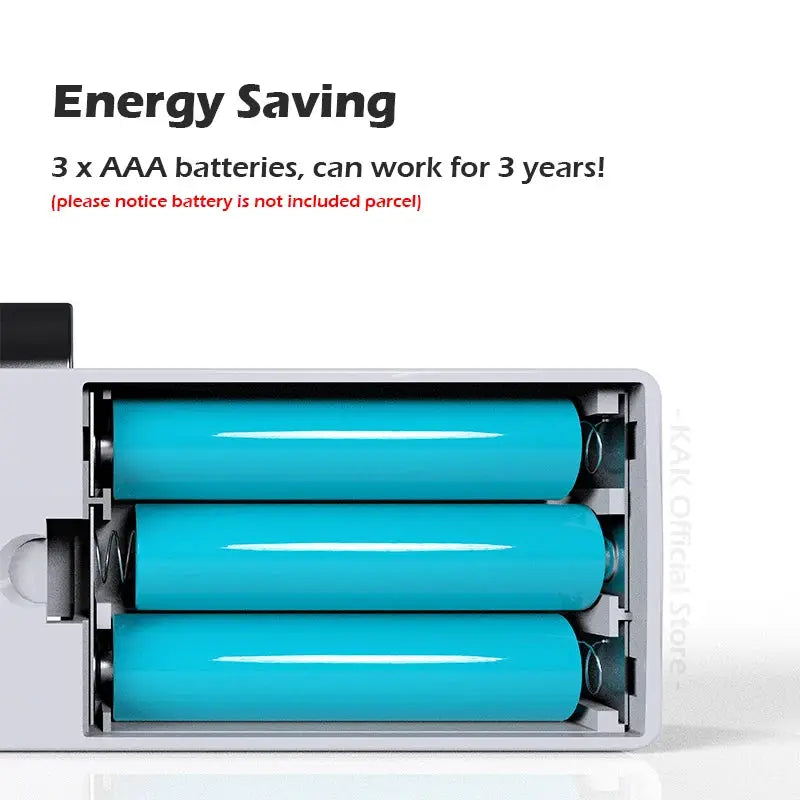 KAK Biometric Fingerprint Lock, white smart drawer lock by Simples Market, energy saving banner with 3 blue AAA batteries
