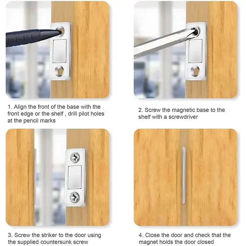 Magnetic cabinet catches; ultra-thin silver metal door magnets for kitchen and closet installations