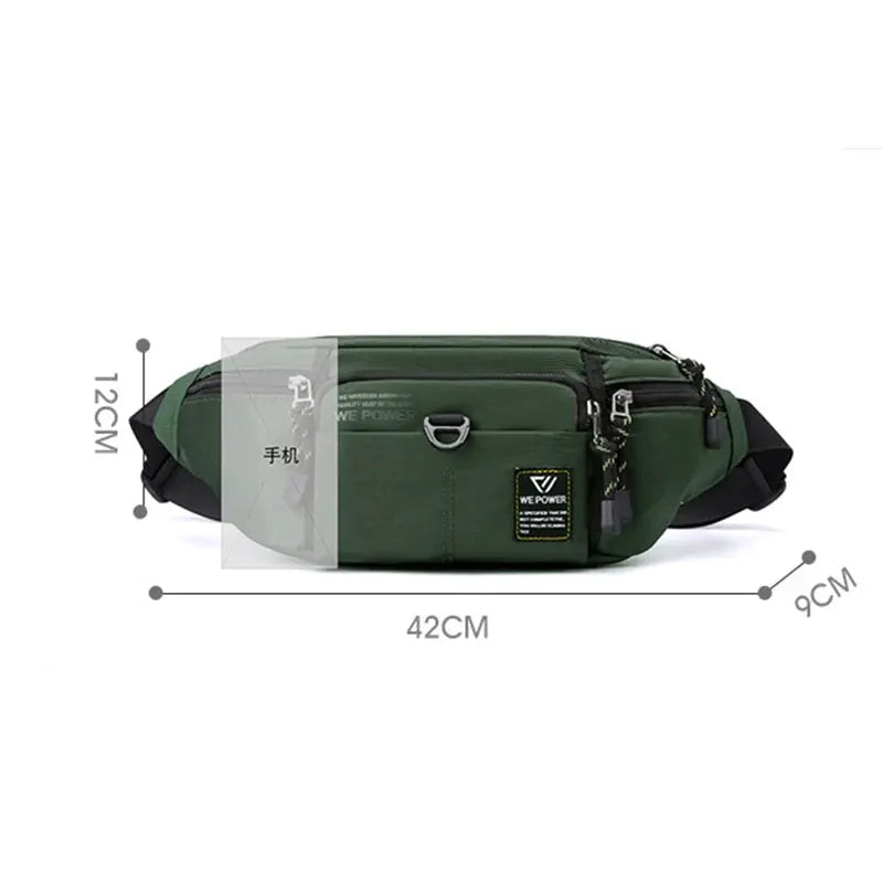 Men's green nylon fanny pack by Simples Market with multiple pockets and adjustable strap, 42x12x9 cm.
