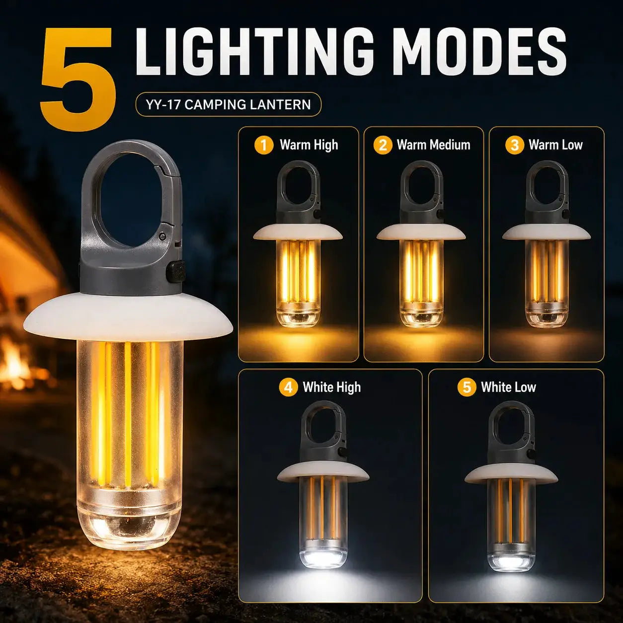 LED rechargeable camping lantern by Simples Market with 5 modes, warm and white LEDs, portable hanging tent light.