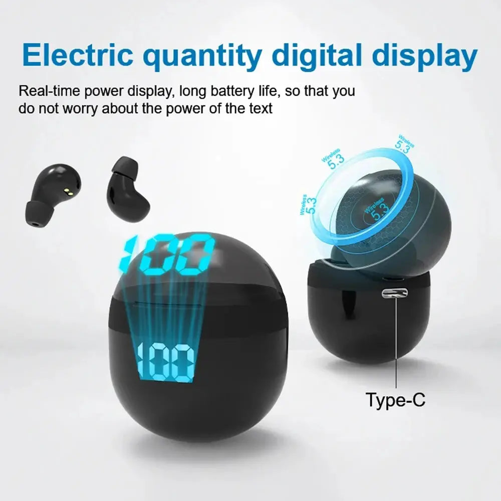 SK18 Mini Invisible Wireless Headphones pair in black with charging case, Bluetooth 5.3, USB-C
