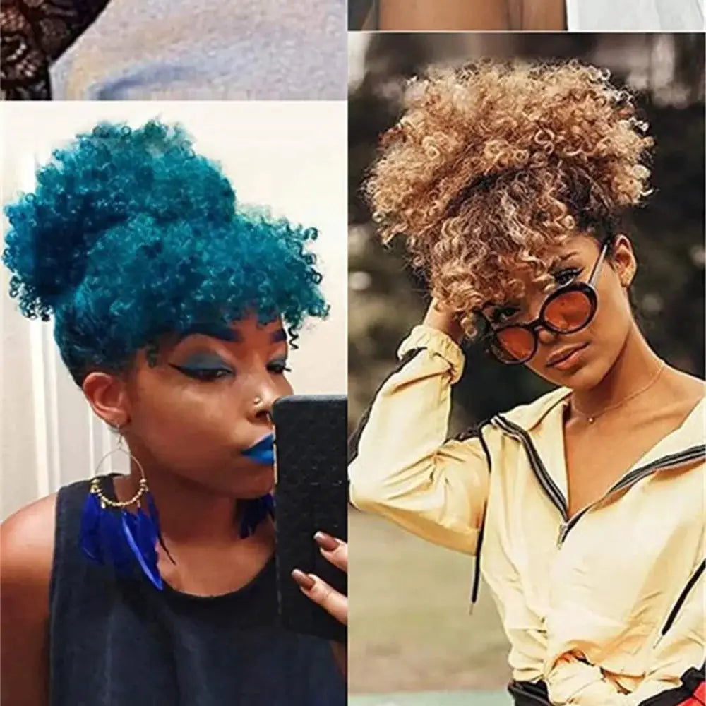 Afro Puff Updo Drawstring Ponytail with Bangs; two kinky curly synthetic wigs in teal blue and caramel blonde for women