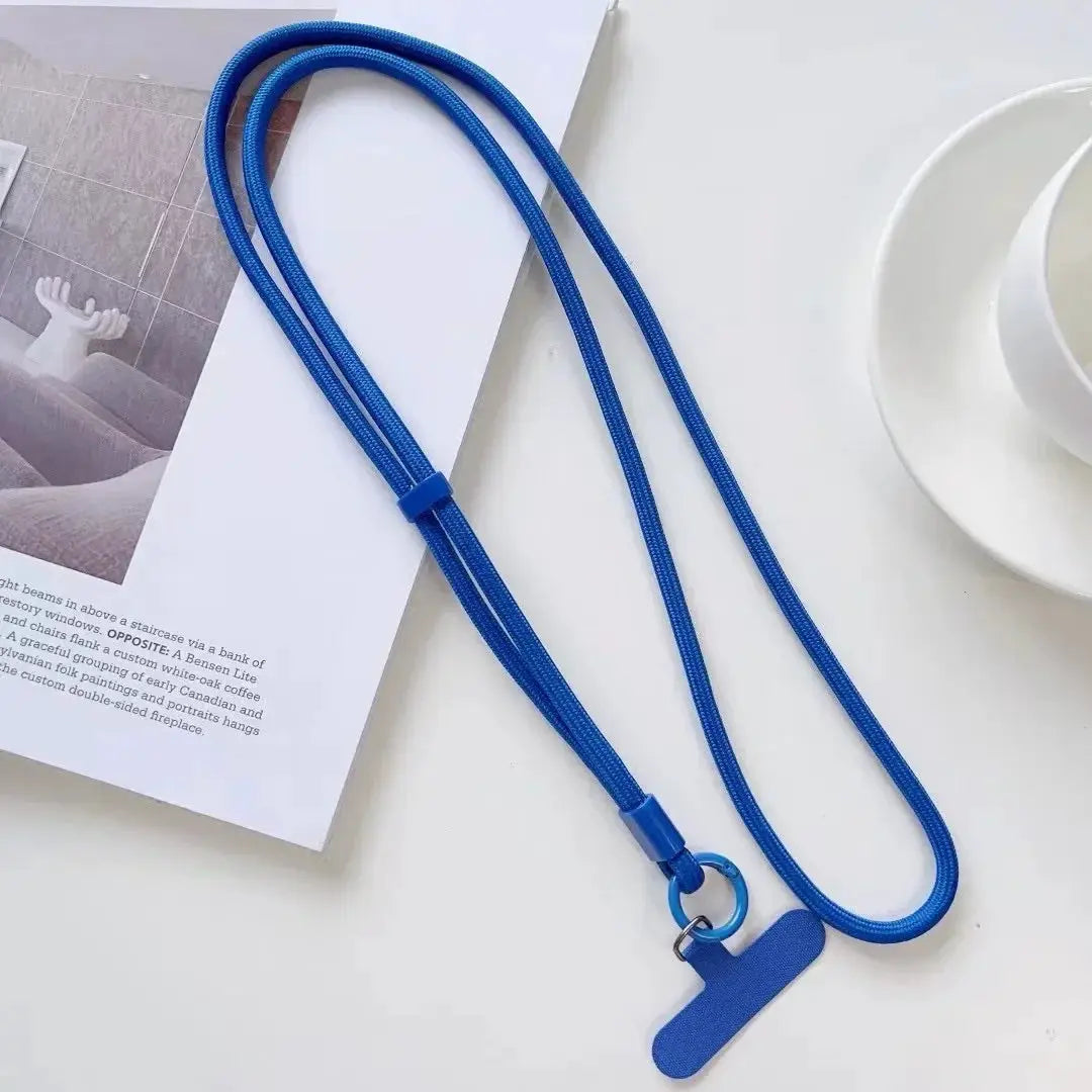 Blue nylon phone lanyard crossbody strap with adjustable slider and metal ring, Simples Market