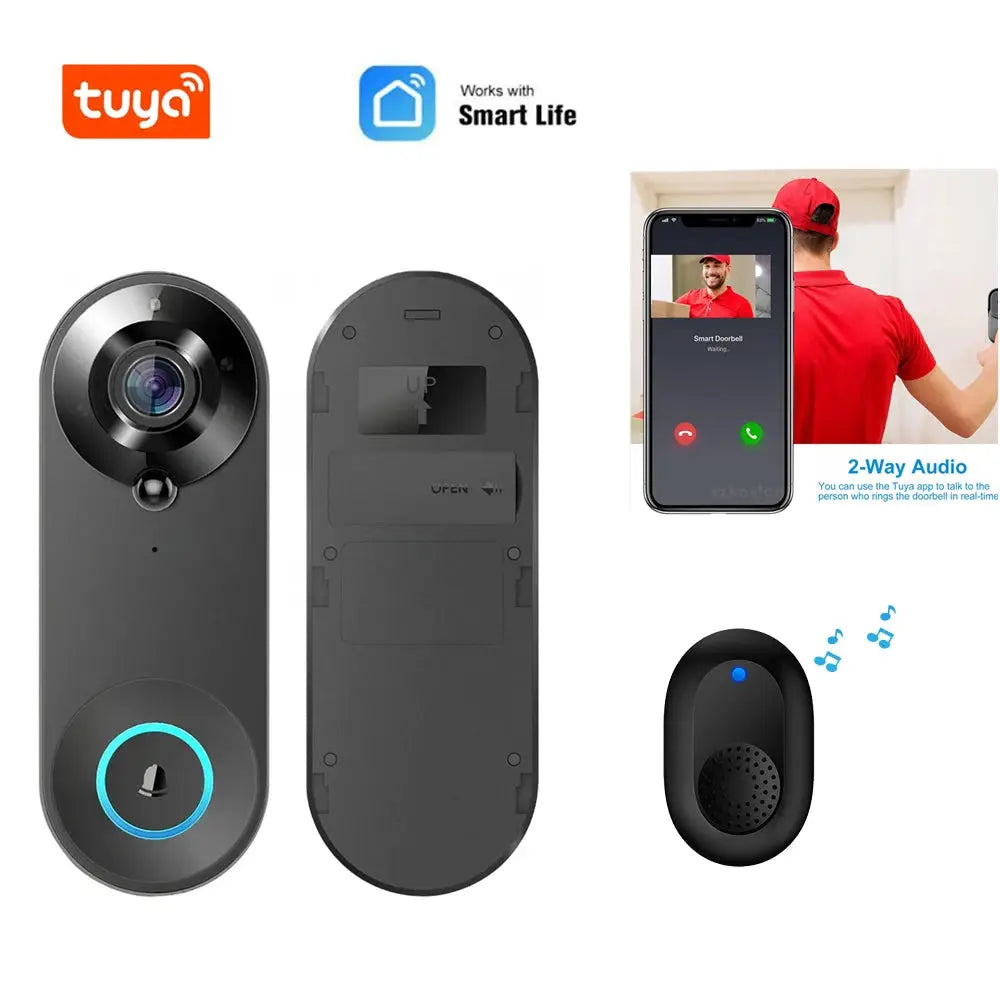 1080P wireless video doorbell camera, black Tuya smart doorbell with 2-way audio, front and back views with chime.