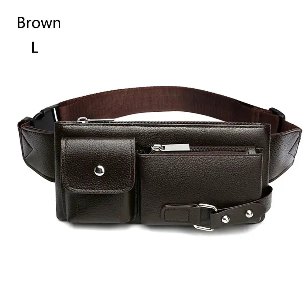 Brown leather waist bag with multiple zip pockets and adjustable belt strap for travel