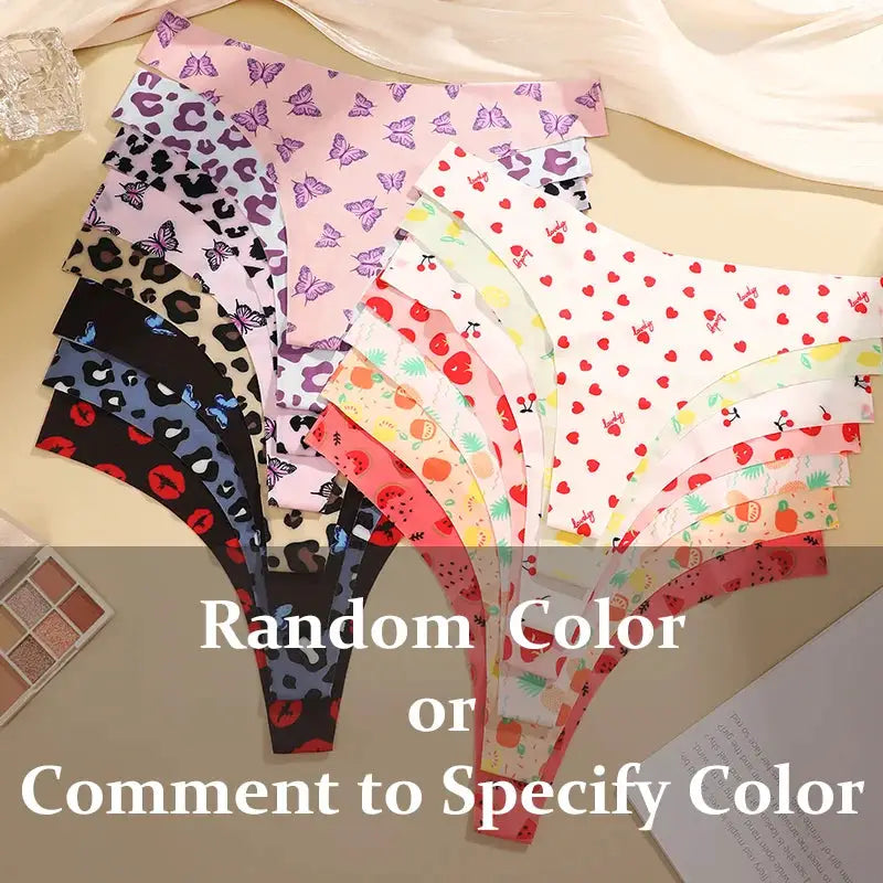 Women's ultra-thin thong underwear set in assorted prints (leopard, butterflies, hearts), S-XL