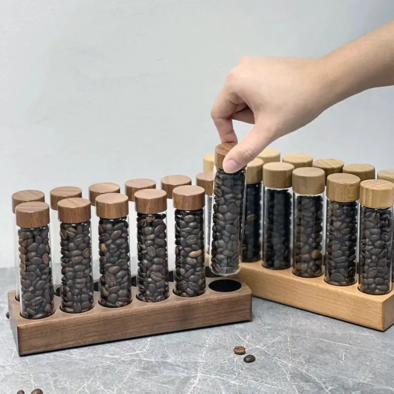 Coffeware Elegant Glass Coffee Beans Storage Tube Display Rack Set For Single Dose Espresso Accessory And Barista Tool