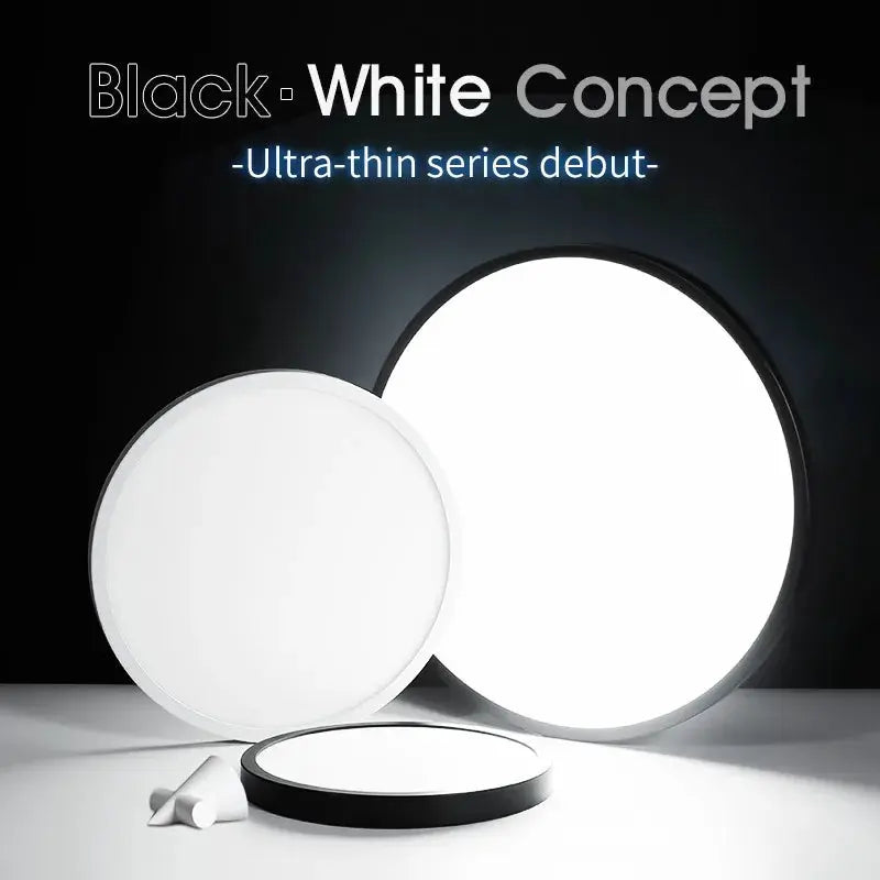 MARPOU ultra-thin LED ceiling light, round white panels with a black rim, dual-panel set for modern indoor lighting