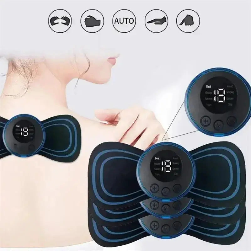 Simples Market EMS neck massage machine set of 3 black and blue wraparound pads with digital displays, 8 modes and 19 intensity levels
