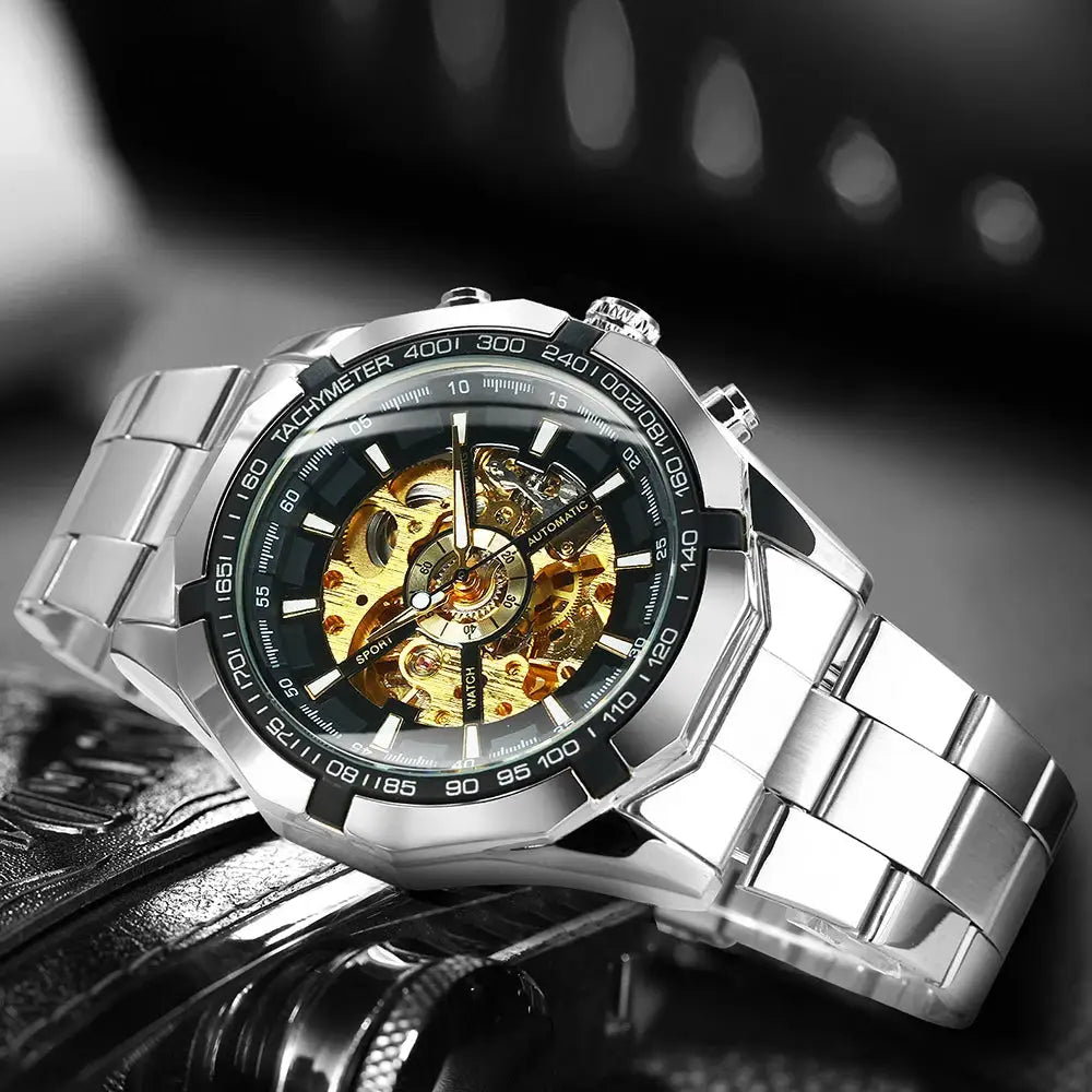 Winner Classic Skeleton Watch for Men with luminous hands, gold-tone skeleton gears, stainless steel strap
