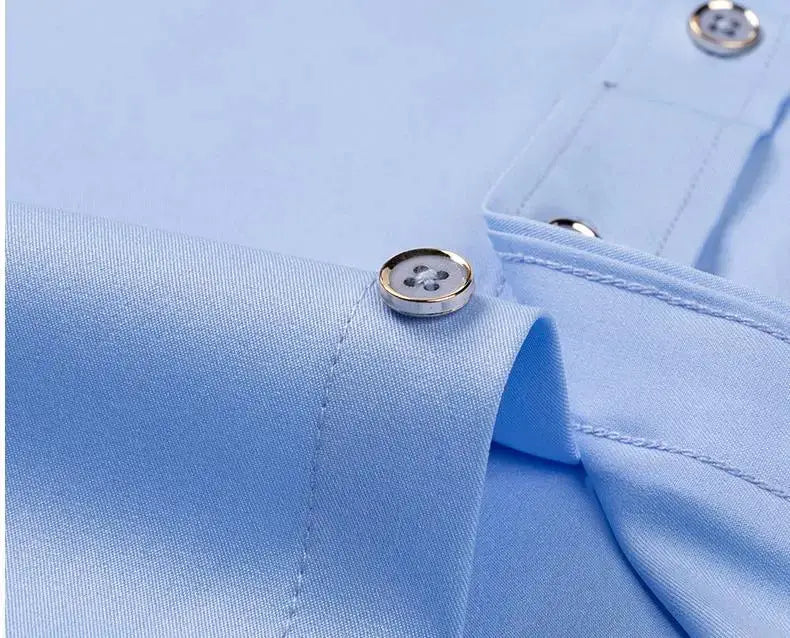 Simples Market light blue men's dress shirt cuff close-up with metal buttons