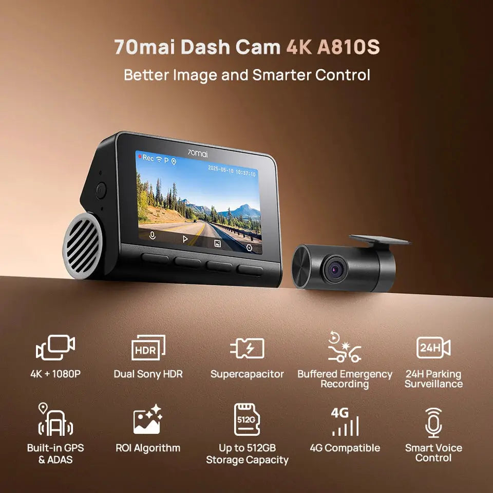 70mai Dash Cam 4K A810S black car camera with built-in GPS and 4G