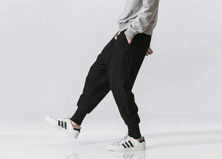 Simples Market men's cotton-linen harem joggers in black, baggy drop-crotch casual trousers
