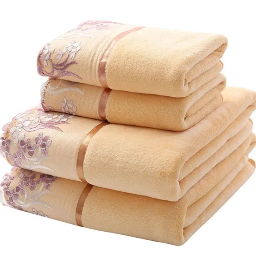 Lace-embroidered bath towel set by Simples Market, peach microfiber towels, large thick quick-dry family set (4)