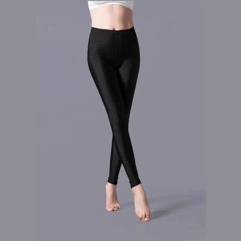 High-elastic skinny leggings for women, black shiny fabric, tight fit