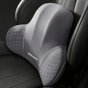Memory foam office chair cushion with lumbar support in gray; grid-textured sides and awesome label