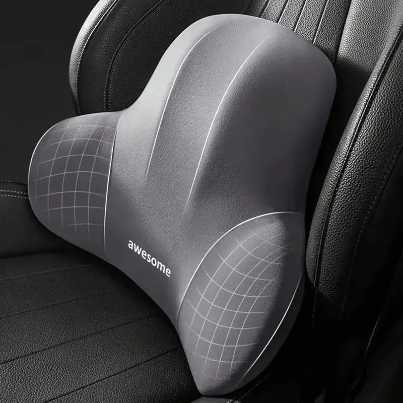 Memory foam office chair cushion with lumbar support in gray; grid-textured sides and awesome label
