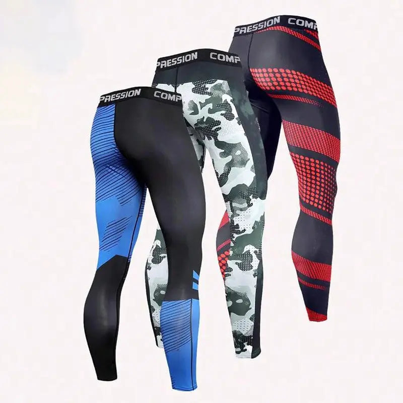 Men's compression leggings in three colors: black with blue panels, gray camo, and red striped pattern