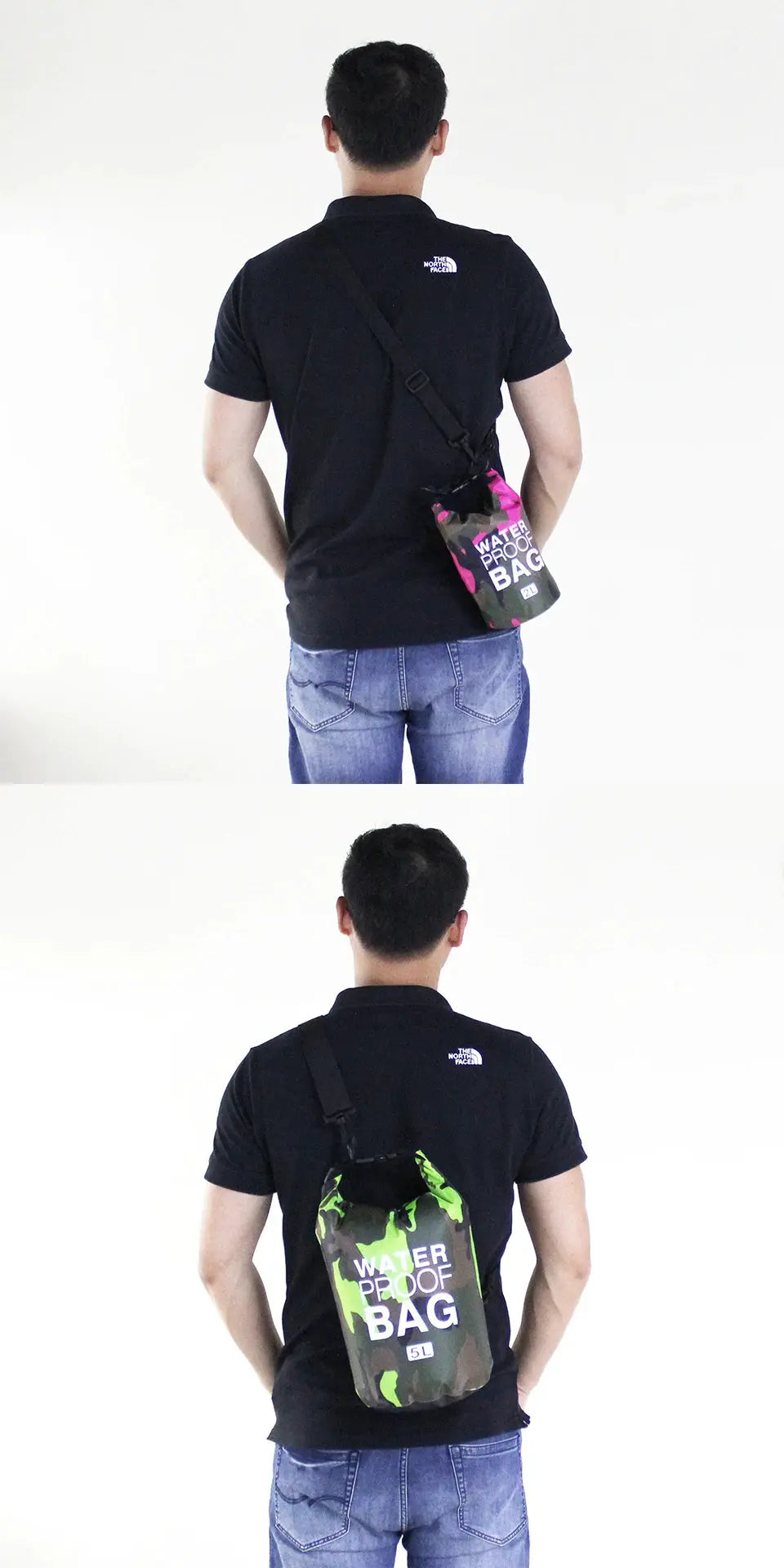 Waterproof dry bags: pink camo 2L and green camo 5L, worn crossbody by a man in a black The North Face tee