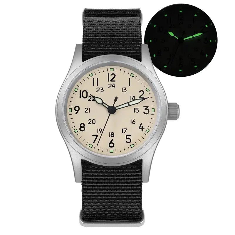 Militado ML05 Vintage Watch by Simples Market; silver case, black nylon strap, beige dial, luminous hands