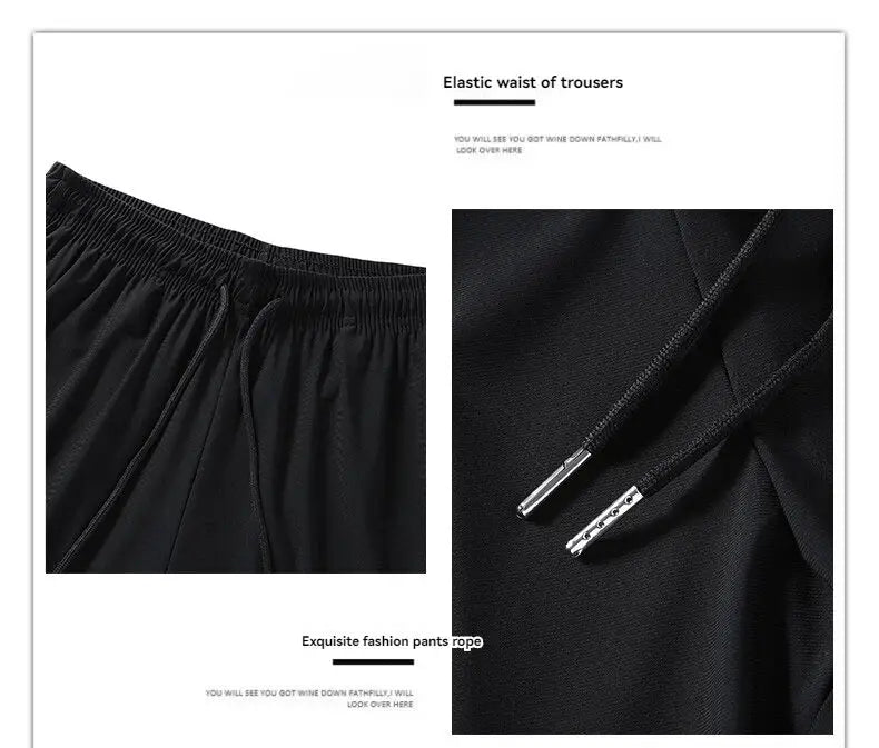 Simples Market black ice-silk men's pants with elastic waistband and drawstring, quick-dry outdoor casual trousers.