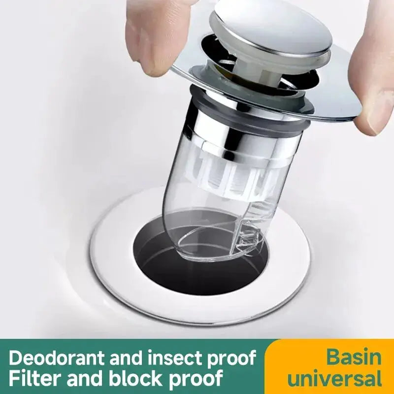 Simples Market universal basin pop-up drain filter hair catcher for sink drain with chrome top and clear plastic body.