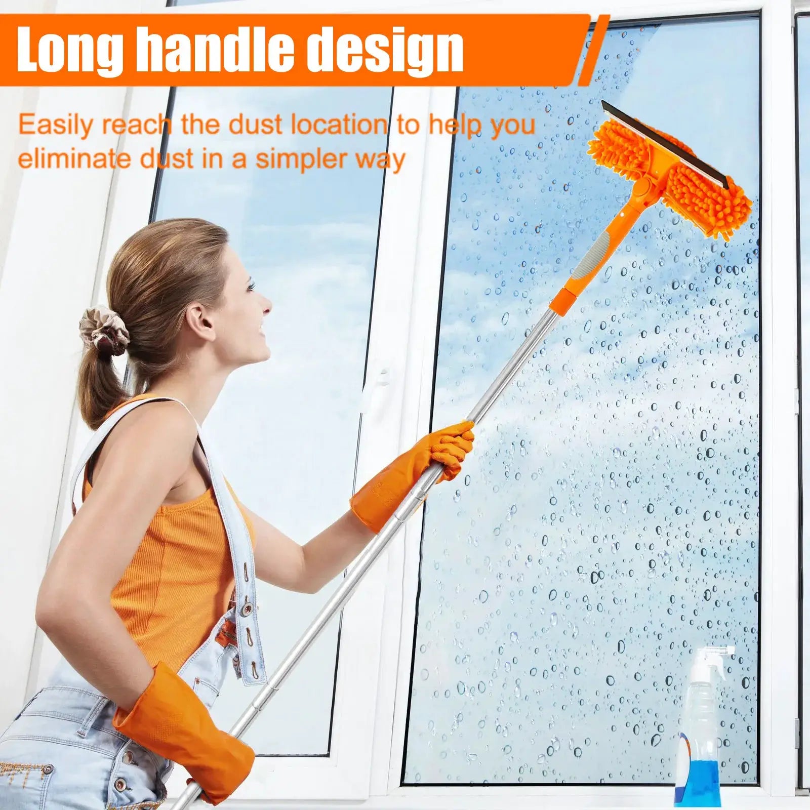 Extendable window cleaning tool with long metal handle and 180° rotatable orange sponge-head squeegee.