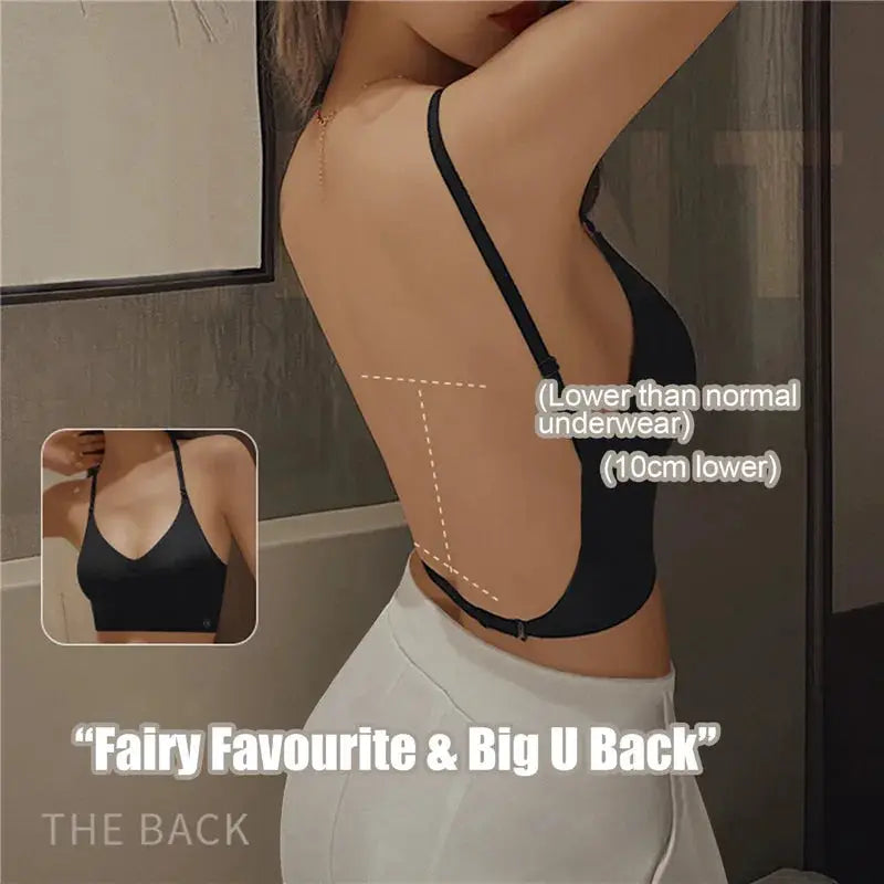 Bralette, black deep U-plunge backless with transparent straps