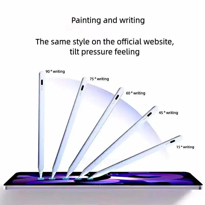 Simples Market universal stylus pens set for tablets, silver metallic finish, five pens fanned over a tablet.