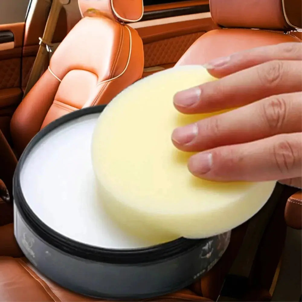 Simples Market multifunctional leather care cream in a round tin with yellow sponge for orange leather car seats