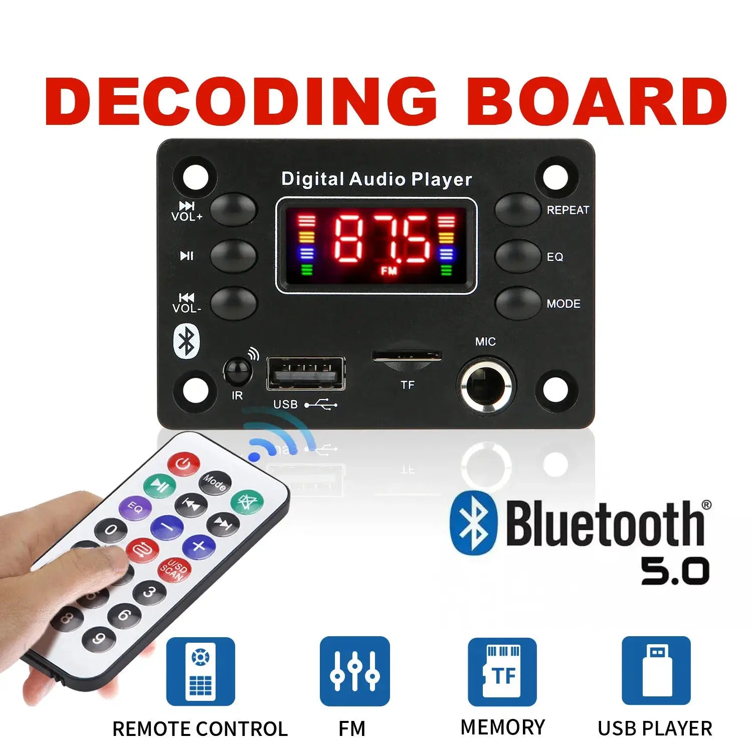 DC 12V Bluetooth 5 Point 0 MP3 WMA WAV APE Decoder Board Hands Free Car Audio USB TF Card FM Radio MP3 Player Speaker