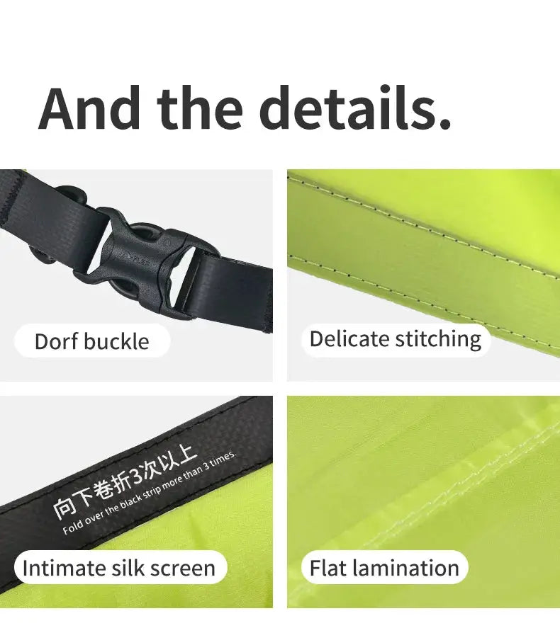 Naturehike rolled storage bag in lime-green fabric with black buckle, showing stitching and laminated panels