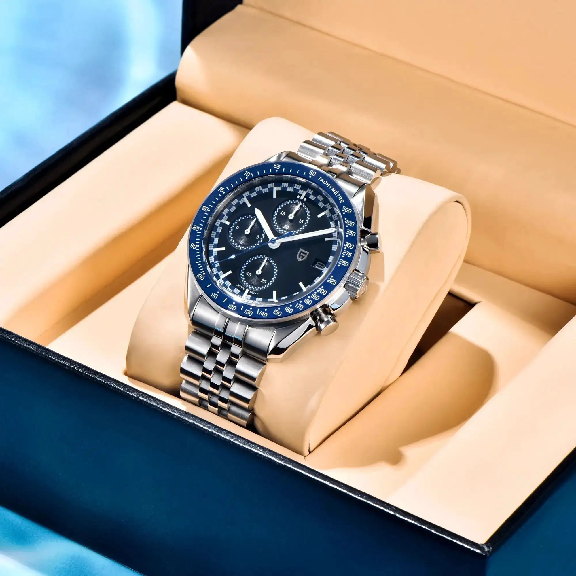 PAGANI DESIGN chronograph wristwatch with blue bezel and stainless steel bracelet in a display box