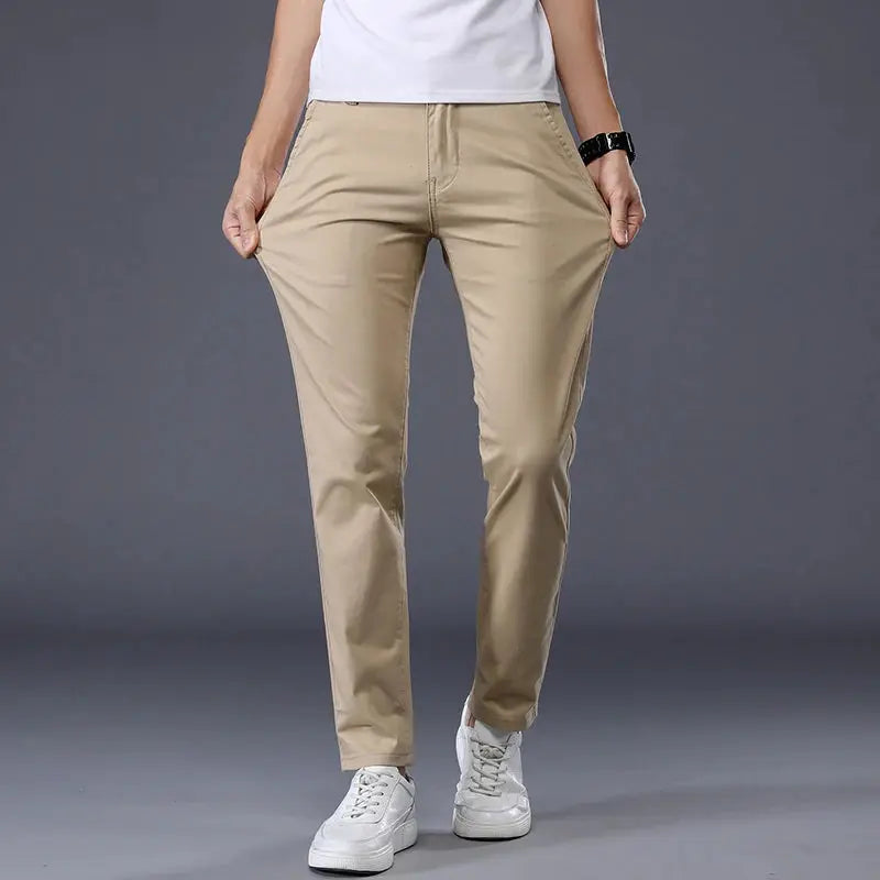 Men's casual cotton pants, tan, elastic waistband, slim straight fit
