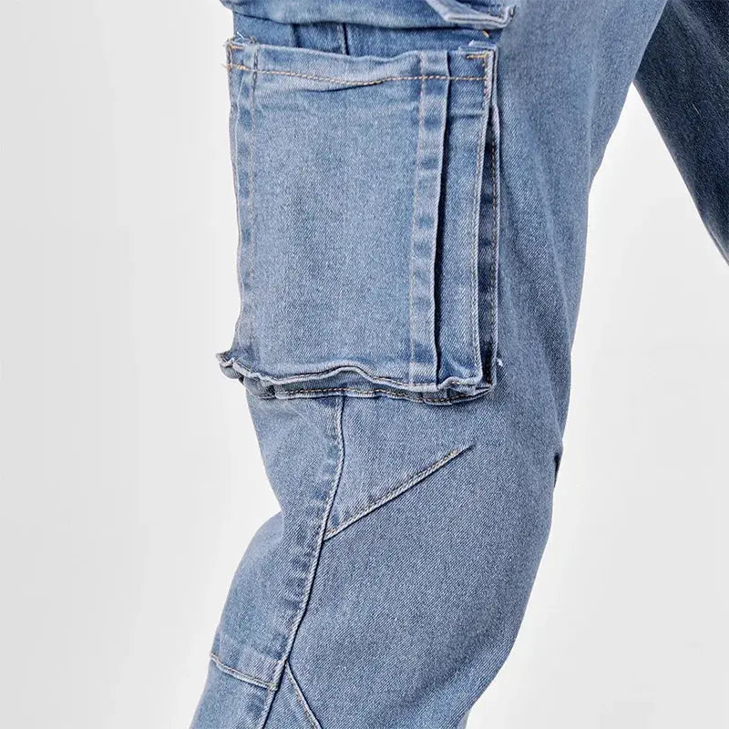Men's Simples Market denim cargo pants, blue washed, elastic waist, multiple pockets