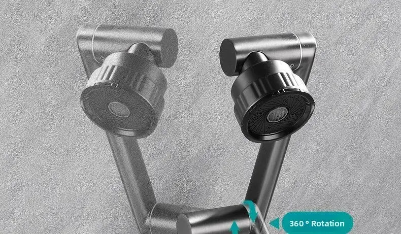 Kitchen faucet by Simples Market, stainless steel wall-mounted with 360-degree rotation and dual spray heads.