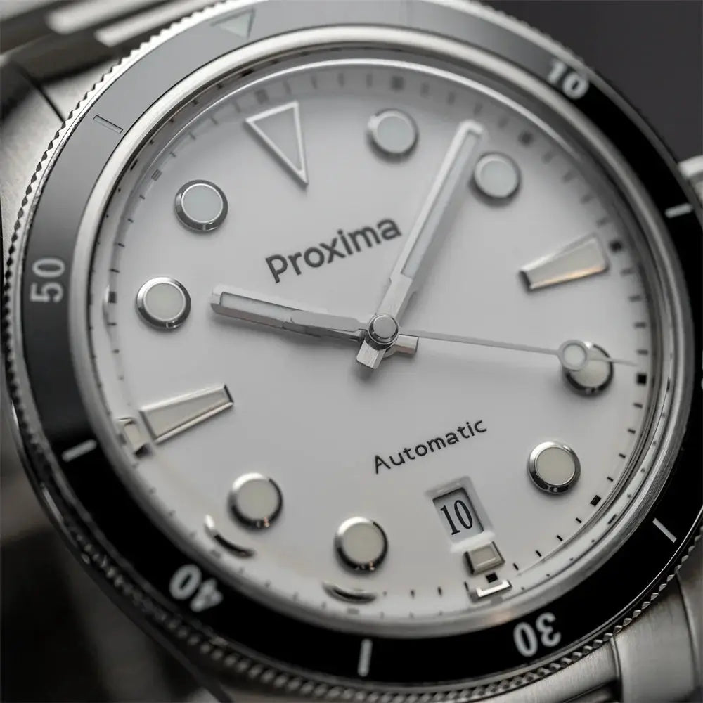 Proxima PX1697 39mm men's automatic watch with white enamel dial, black bezel, luminous markers