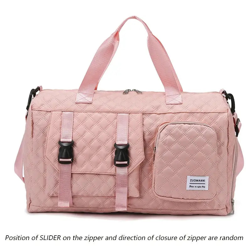 Durable nylon travel duffle bag, pink quilted with front buckle straps, side zip pocket, Zuomanni branding