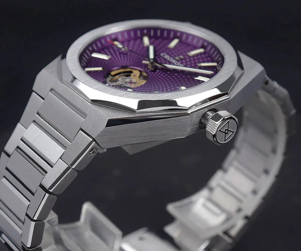 Cronos New Rhombus Perlage 39mm skeleton dial stainless steel watch with purple dial and luminous hands, Simples Market
