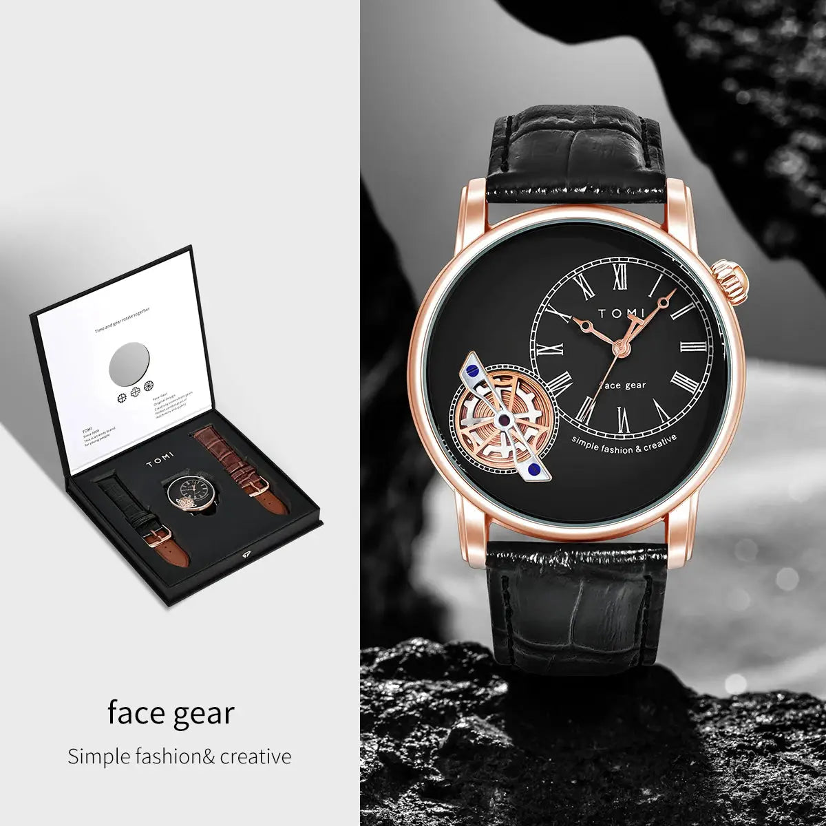 TOMI men's quartz watch set with rose-gold case, black dial, Roman numerals, and two extra leather straps in gift box