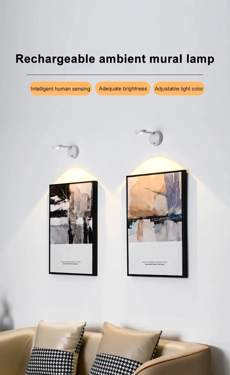 Rechargeable ambient mural lamp pair with motion-sensor night light, white wall-mounted USB LED lamps by Simples Market